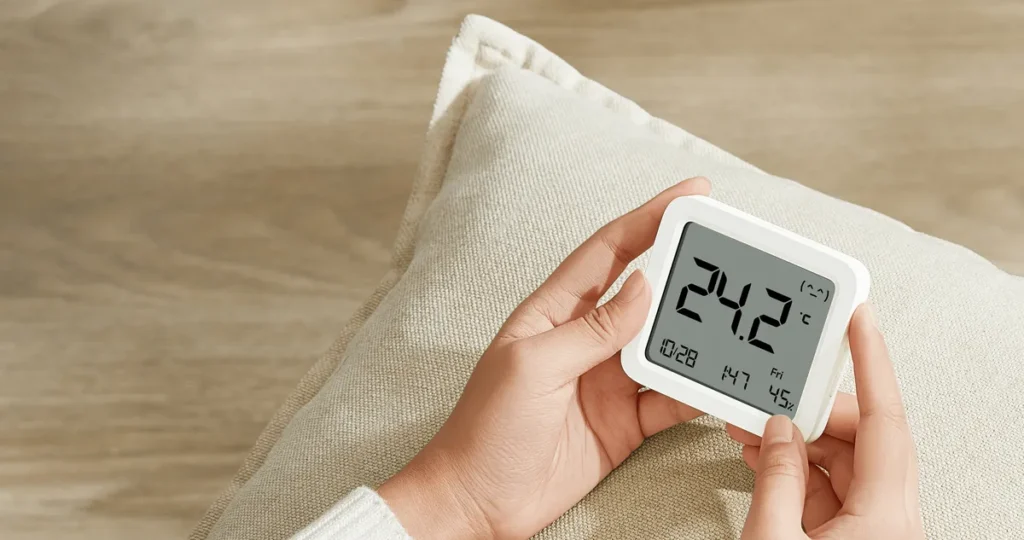 Η οθόνη LCD του Xiaomi Temperature and Humidity Monitor 3 στο χέρι