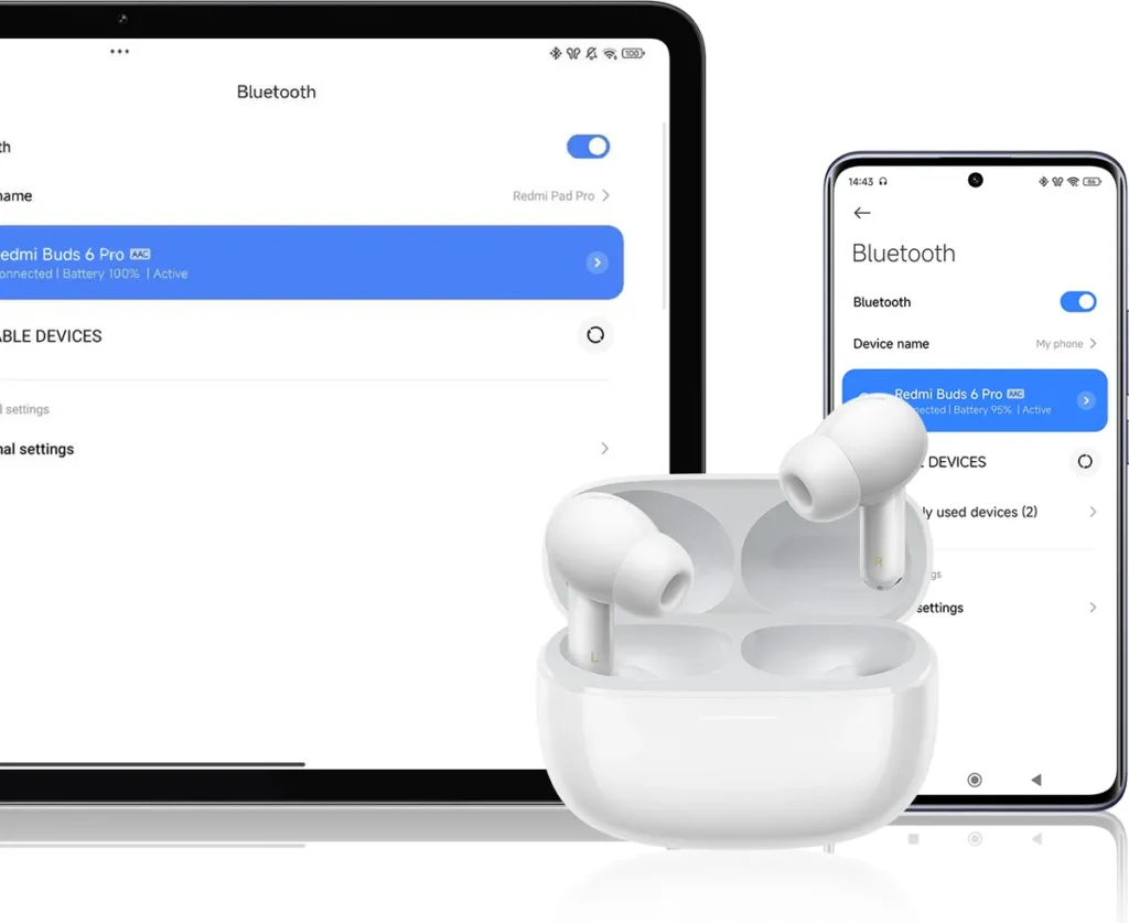 Xiaomi Redmi Buds 6 Pro Glacier White (BHR9310GL) Θήκη Redmi Buds 6 Pro Glacier White δίπλα σε laptop και κινητό