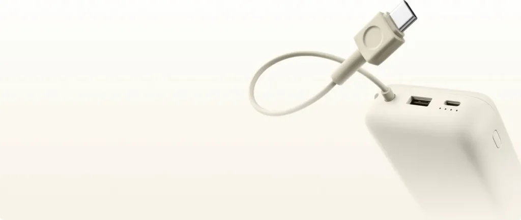 Θύρες USB-A και USB-C και ενσωματωμένο καλώδιο USB-C του power bank