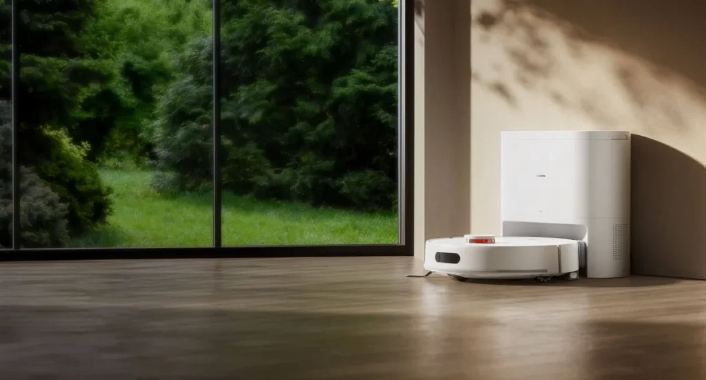 Xiaomi Mi Robot H40 Σκούπα Ρομπότ με Wi-Fi White (BHR07XBEU) Xiaomi Robot Vacuum H40 με τον σταθμό βάσης στο σαλόνι