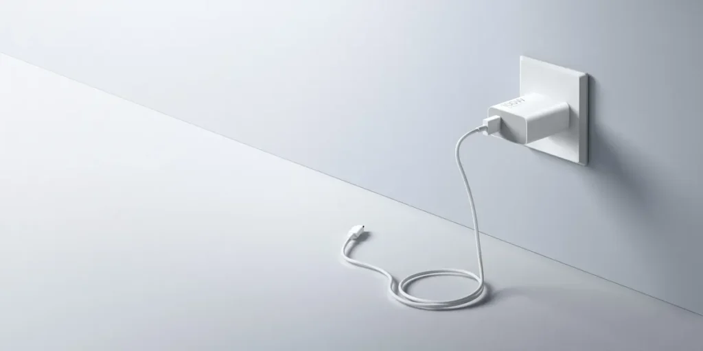 Ο φορτιστής Xiaomi 100W στην πρίζα με το καλώδιο του σετ