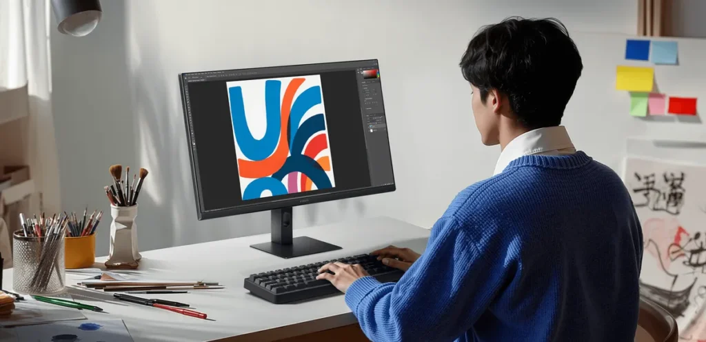 Οθόνη Xiaomi Mi Desktop A24i 2026 IPS Monitor 24" FHD (ELA6416EU) Χρήστης εργάζεται μπροστά στο Xiaomi Monitor A24i 2026