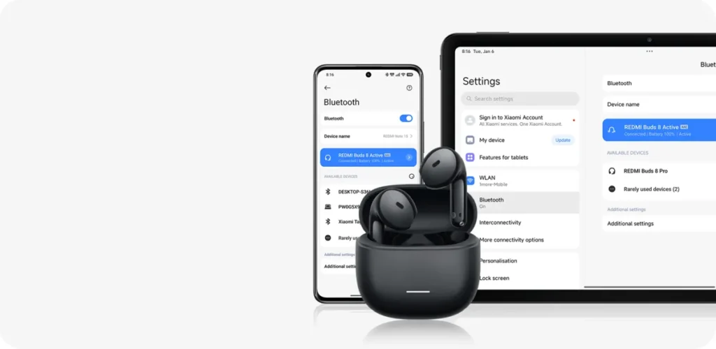 REDMI Buds 8 Active σε μαύρο χρώμα με θήκη, κινητό και tablet