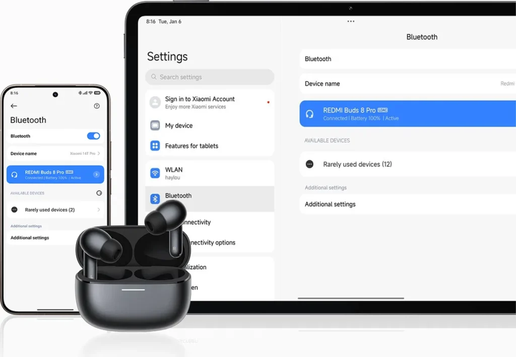 Xiaomi Redmi Buds 8 Pro Space Black (BHR08GOGL) REDMI Buds 8 Pro σε μαύρο χρώμα δίπλα σε tablet και κινητό