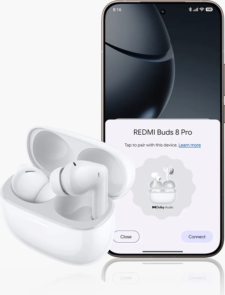 REDMI Buds 8 Pro σε λευκό χρώμα με κινητό για γρήγορη σύζευξη