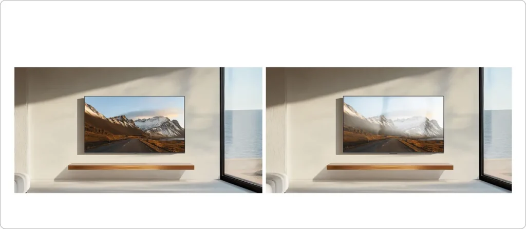 Τηλεόραση Xiaomi TV S Pro Mini LED 75" Smart 4K UHD 2026 (ELA6336EU) Οθόνη χαμηλής ανάκλασης της Xiaomi TV S Pro Mini LED 2026 σε φωτεινό σαλόνι