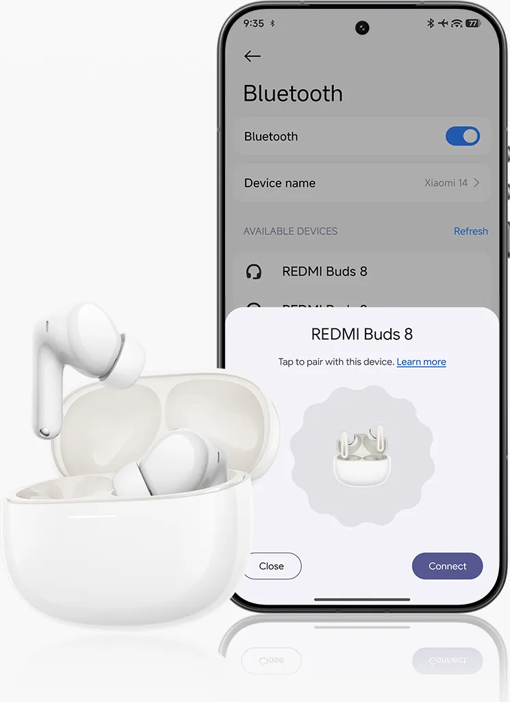 REDMI Buds 8 σε λευκό με κινητό για γρήγορη σύζευξη