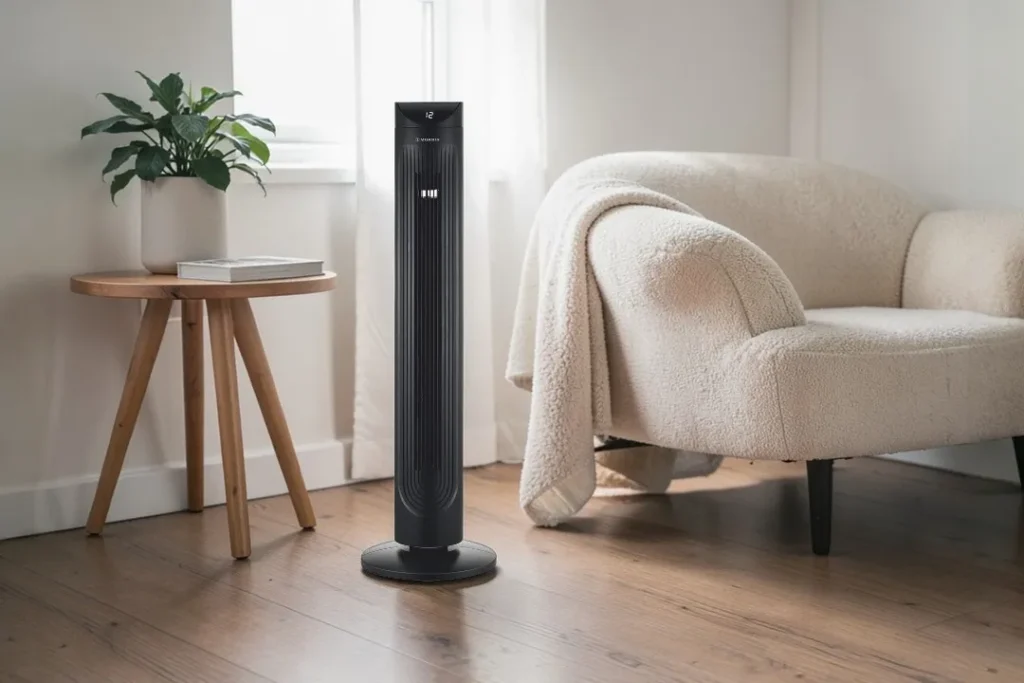 Morris MTF-16256 Tower Fan Black (MTF-16256) Morris MTF-16256 δίπλα σε πολυθρόνα