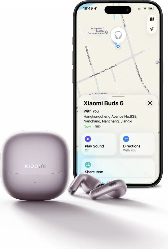 Xiaomi Buds 6 σε Nebula Purple με κινητό για εντοπισμό στον χάρτη