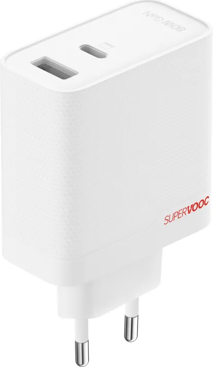 OnePlus Φορτιστής με Dual Port GAN Με Καλώδιο 80W Super Vooc Λευκός (5461100597) Οι θύρες USB-C και USB-A του φορτιστή OnePlus SUPERVOOC 80W Dual Ports